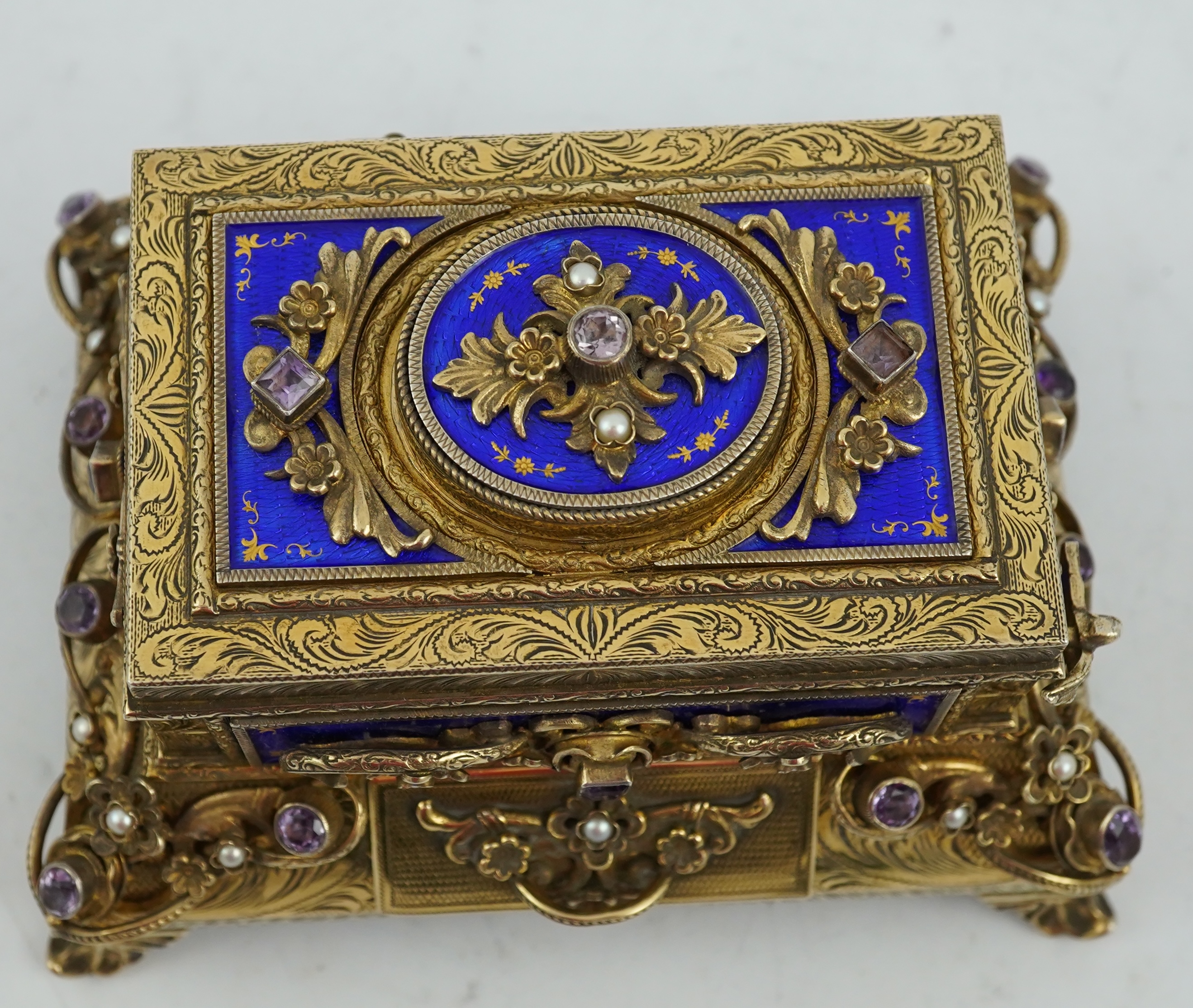 A late Karl Griesbaum Model 17 silver gilt, blue enamel, amethyst and cultured pearl set automaton singing bird box